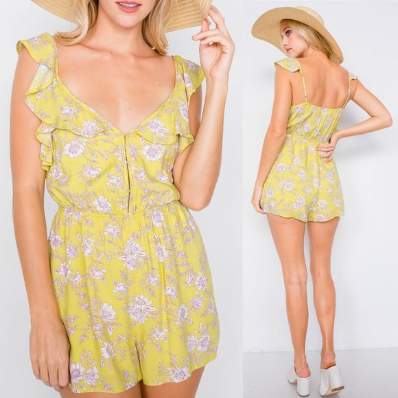 NEW Melon Yellow Floral Ruffle Strap V Neck Romper - Picture 2 of 8